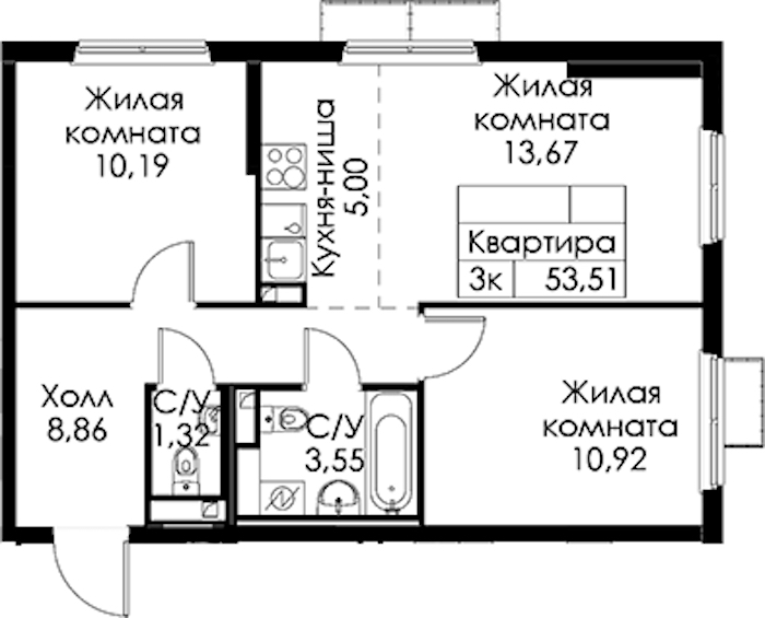 2-комнатная квартира 53.51 м², 6/15 эт., ЖК «Янинский лес»